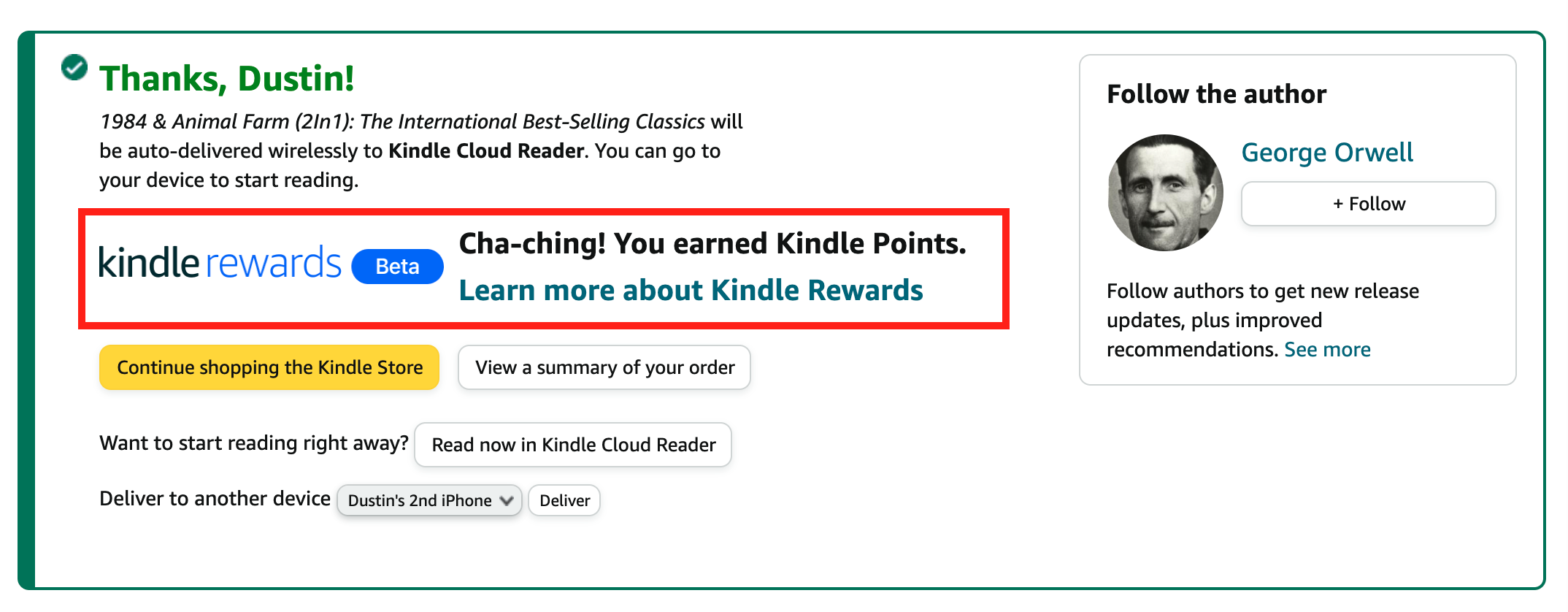 Kindle Rewards Thank You page
